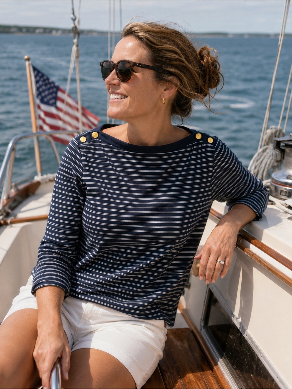 Brooks Brothers 346 Womens 3/4 Sleeve Boatneck Shirt Navy and White Stripes Sz L